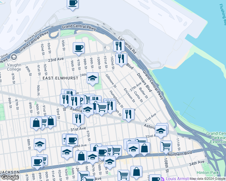 map of restaurants, bars, coffee shops, grocery stores, and more near 25-33 McIntosh Street in Queens