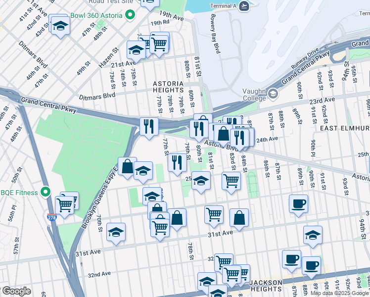 map of restaurants, bars, coffee shops, grocery stores, and more near 24-18 79th Street in Queens