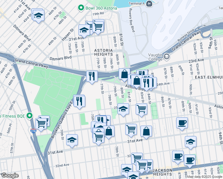 map of restaurants, bars, coffee shops, grocery stores, and more near 24-18 79th Street in Queens