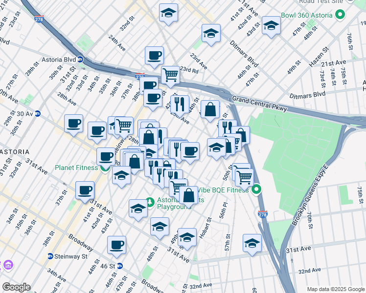 map of restaurants, bars, coffee shops, grocery stores, and more near 25-65 46th Street in Queens