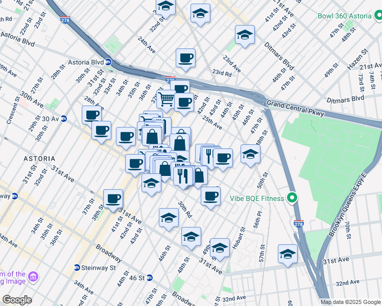 map of restaurants, bars, coffee shops, grocery stores, and more near in Queens