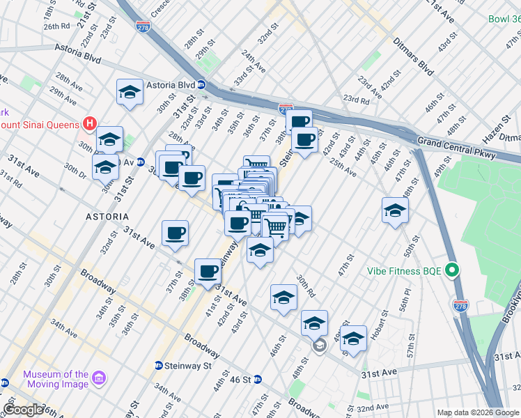 map of restaurants, bars, coffee shops, grocery stores, and more near 28-65 Steinway Street in Queens
