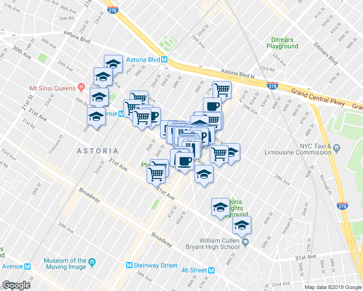 map of restaurants, bars, coffee shops, grocery stores, and more near 2858 Steinway Street in Queens