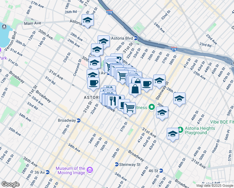 map of restaurants, bars, coffee shops, grocery stores, and more near 30-65 34th Street in Queens