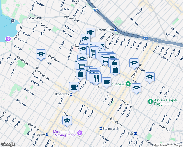 map of restaurants, bars, coffee shops, grocery stores, and more near 30-90 33rd Street in Queens