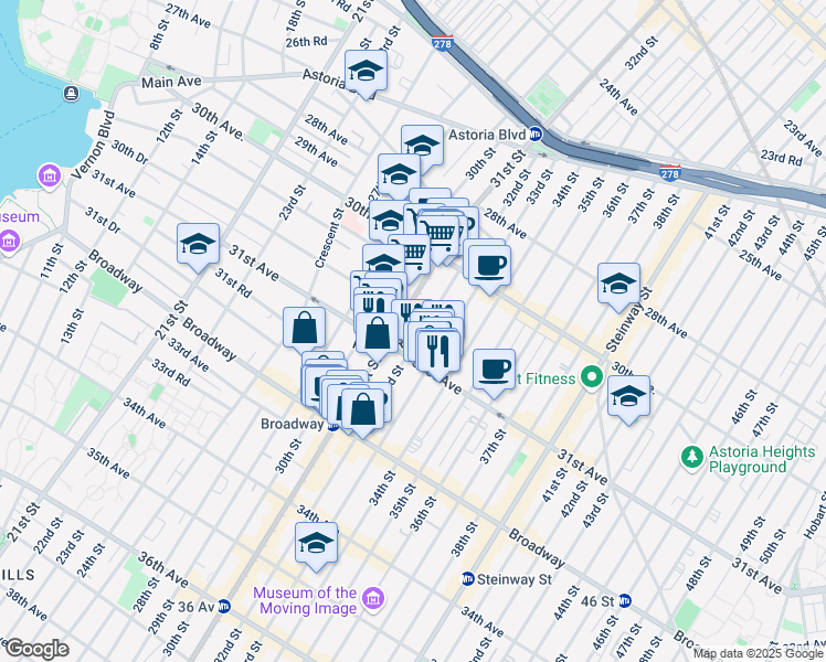 map of restaurants, bars, coffee shops, grocery stores, and more near in Queens