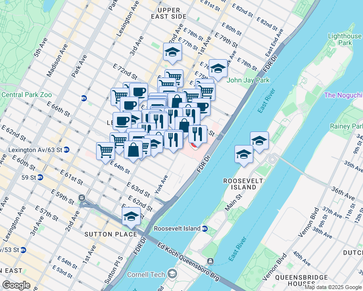 map of restaurants, bars, coffee shops, grocery stores, and more near 1275 York Avenue in New York