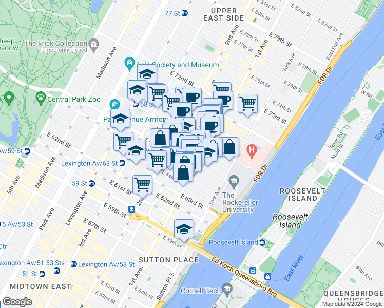 map of restaurants, bars, coffee shops, grocery stores, and more near in New York