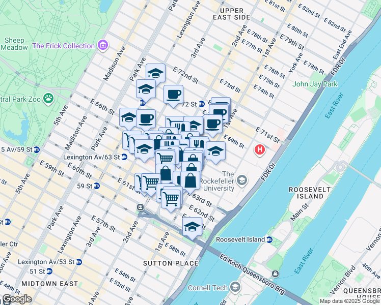 map of restaurants, bars, coffee shops, grocery stores, and more near 327 East 65th Street in New York