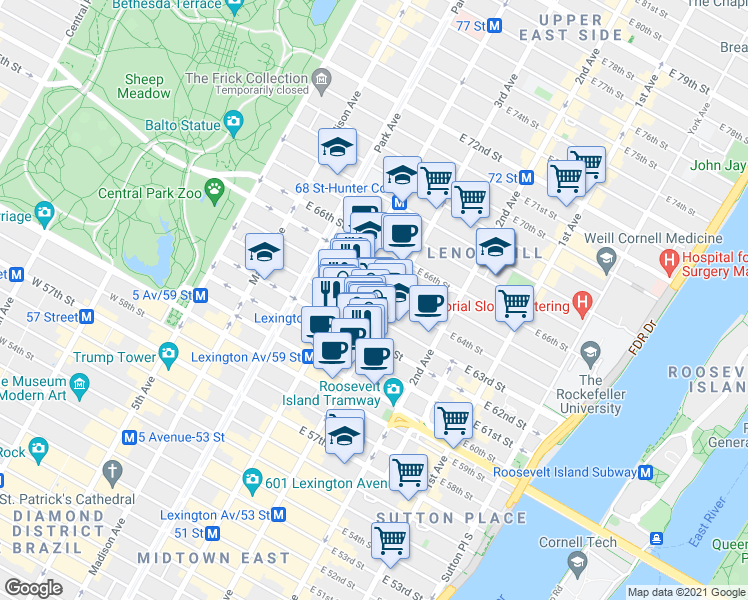 map of restaurants, bars, coffee shops, grocery stores, and more near 1062 3rd Avenue in New York