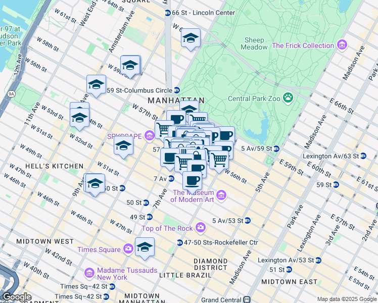 map of restaurants, bars, coffee shops, grocery stores, and more near 877 7th Avenue in New York