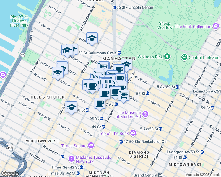 map of restaurants, bars, coffee shops, grocery stores, and more near 234 West 54th Street in New York