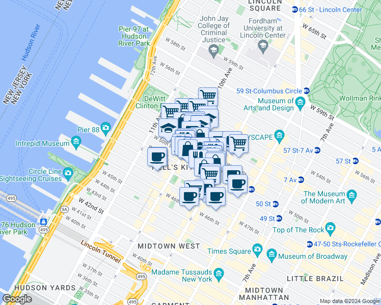 map of restaurants, bars, coffee shops, grocery stores, and more near 439 West 49th Street in New York