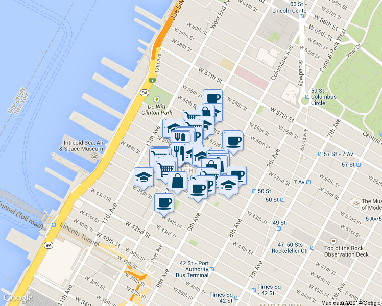 map of restaurants, bars, coffee shops, grocery stores, and more near in New York