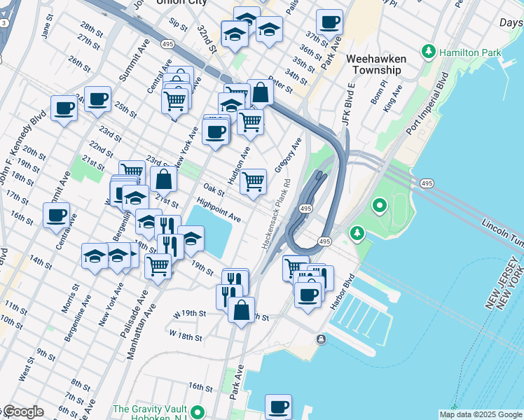 map of restaurants, bars, coffee shops, grocery stores, and more near 470 Gregory Avenue in Weehawken