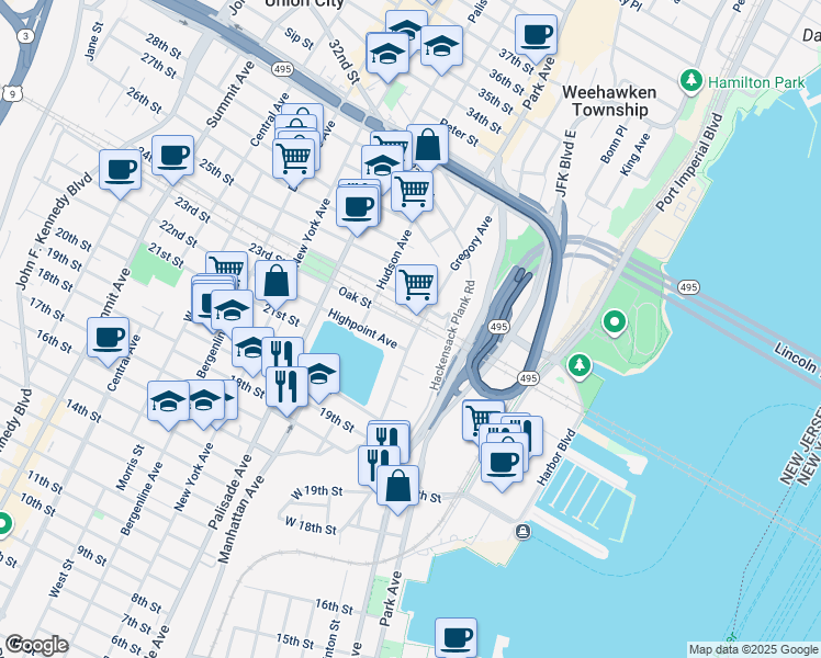 map of restaurants, bars, coffee shops, grocery stores, and more near 470 Gregory Avenue in Weehawken