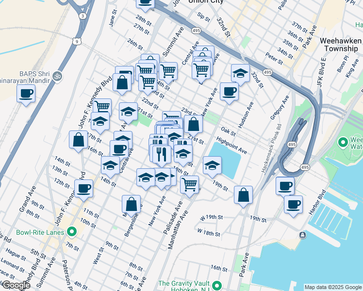 map of restaurants, bars, coffee shops, grocery stores, and more near 412 19th Street in Union City