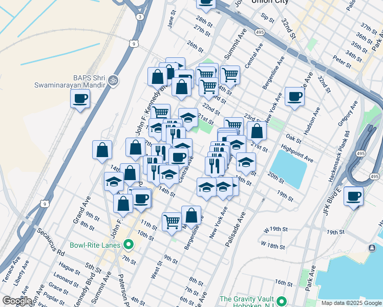 map of restaurants, bars, coffee shops, grocery stores, and more near 1601 Central Avenue in Union City