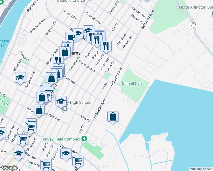 map of restaurants, bars, coffee shops, grocery stores, and more near 463 Schuyler Avenue in Kearny