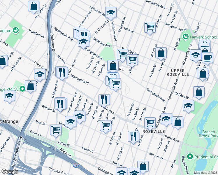 map of restaurants, bars, coffee shops, grocery stores, and more near 174 North 18th Street in East Orange