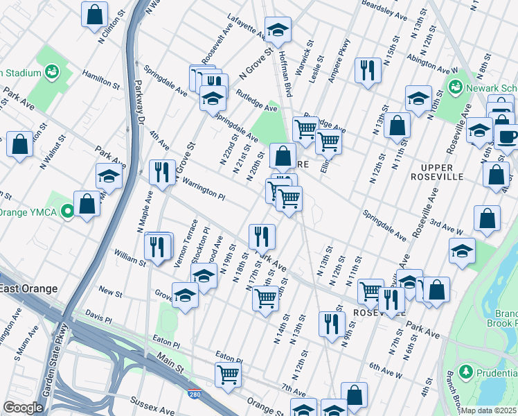 map of restaurants, bars, coffee shops, grocery stores, and more near 174 North 18th Street in East Orange