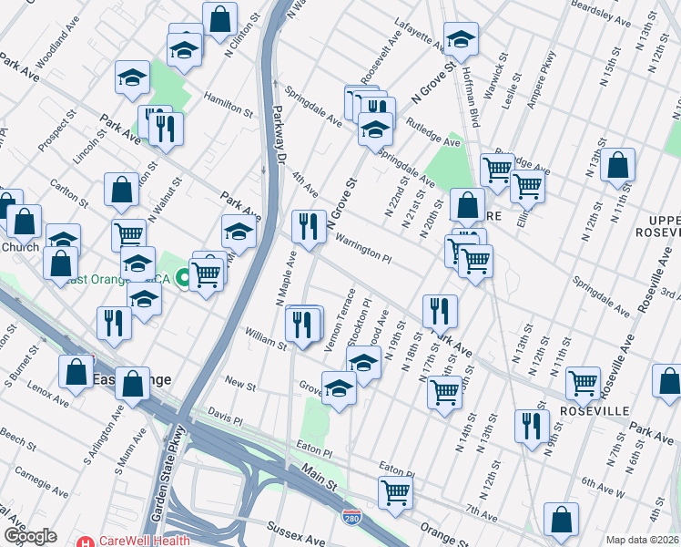 map of restaurants, bars, coffee shops, grocery stores, and more near 80 Vernon Terrace in East Orange