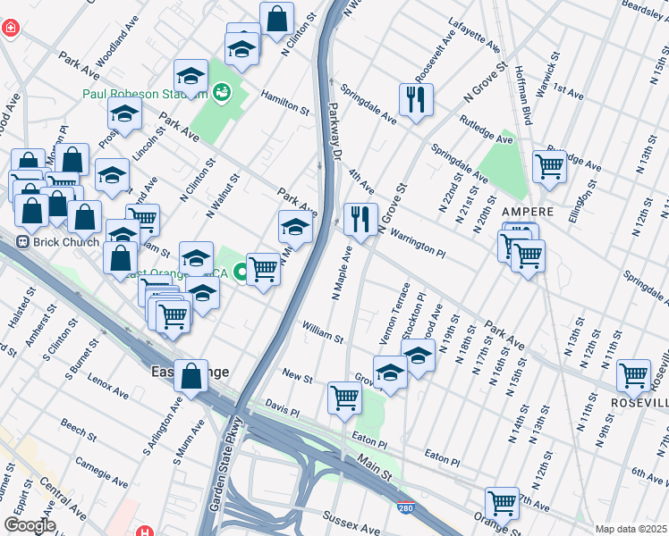 map of restaurants, bars, coffee shops, grocery stores, and more near 192 North Maple Avenue in East Orange