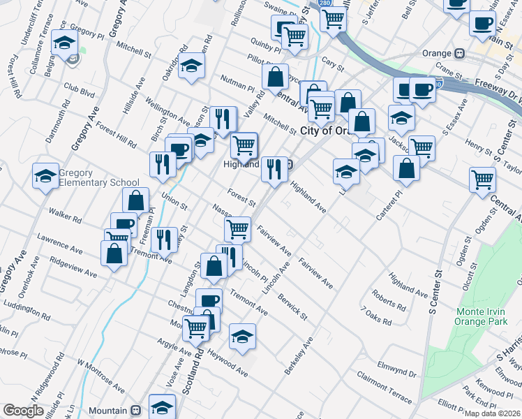 map of restaurants, bars, coffee shops, grocery stores, and more near in City of Orange