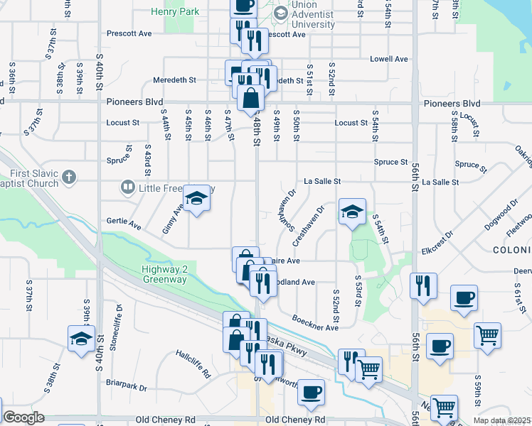 map of restaurants, bars, coffee shops, grocery stores, and more near 4911 South 48th Street in Lincoln