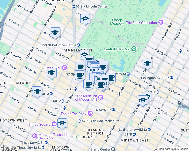 map of restaurants, bars, coffee shops, grocery stores, and more near 130 West 57th Street in New York