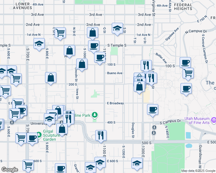 map of restaurants, bars, coffee shops, grocery stores, and more near 233 South 1100 East in Salt Lake City