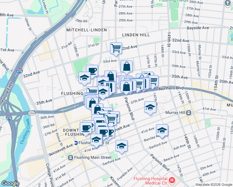 map of restaurants, bars, coffee shops, grocery stores, and more near 141-40 Northern Boulevard in Queens