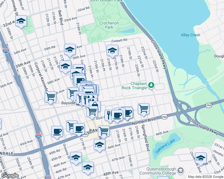 map of restaurants, bars, coffee shops, grocery stores, and more near 40-32 216th Street in Queens