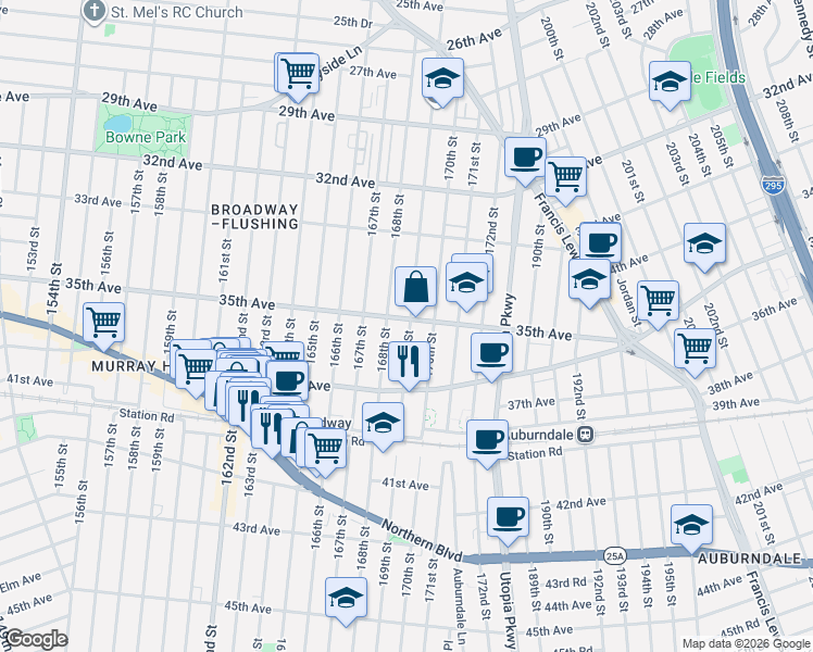 map of restaurants, bars, coffee shops, grocery stores, and more near 35-34 169th Street in Queens
