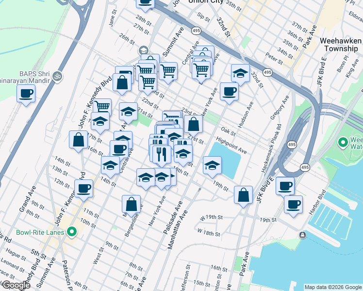 map of restaurants, bars, coffee shops, grocery stores, and more near 412 19th Street in Union City