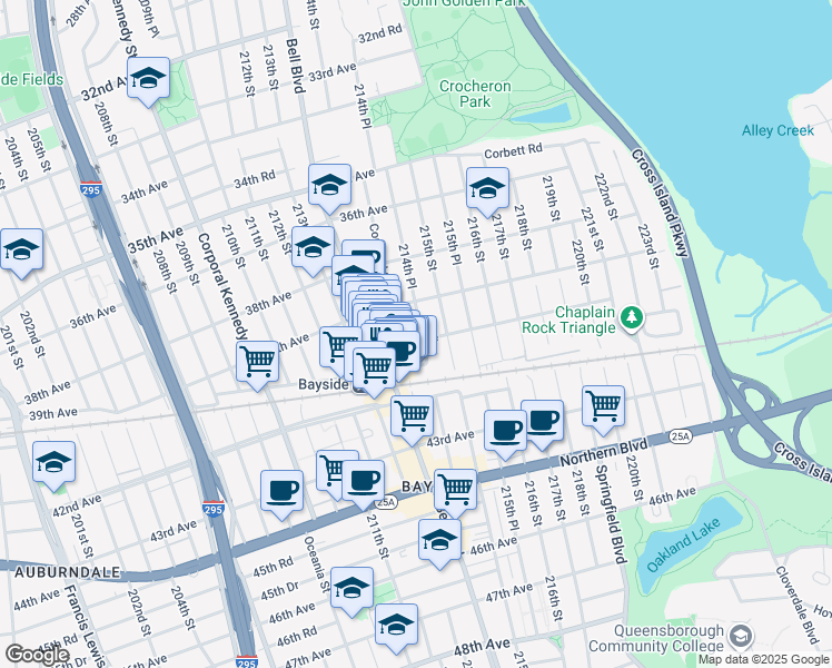 map of restaurants, bars, coffee shops, grocery stores, and more near 39-30 214th Place in Queens