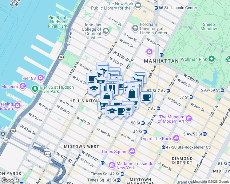 map of restaurants, bars, coffee shops, grocery stores, and more near 395 West 52nd Street in New York