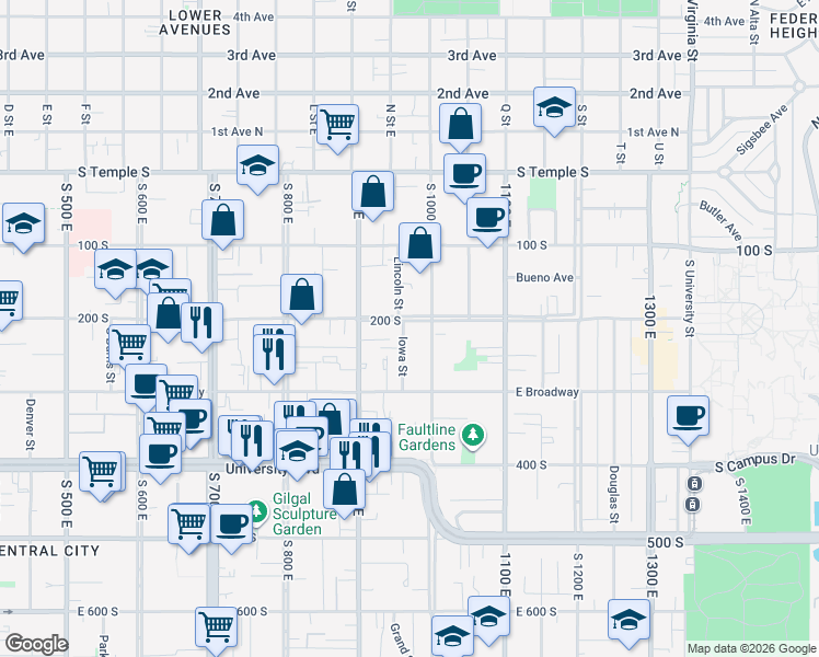 map of restaurants, bars, coffee shops, grocery stores, and more near 936 Pennsylvania Place in Salt Lake City