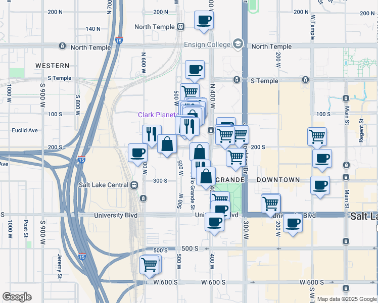 map of restaurants, bars, coffee shops, grocery stores, and more near 205 South 500 West in Salt Lake City