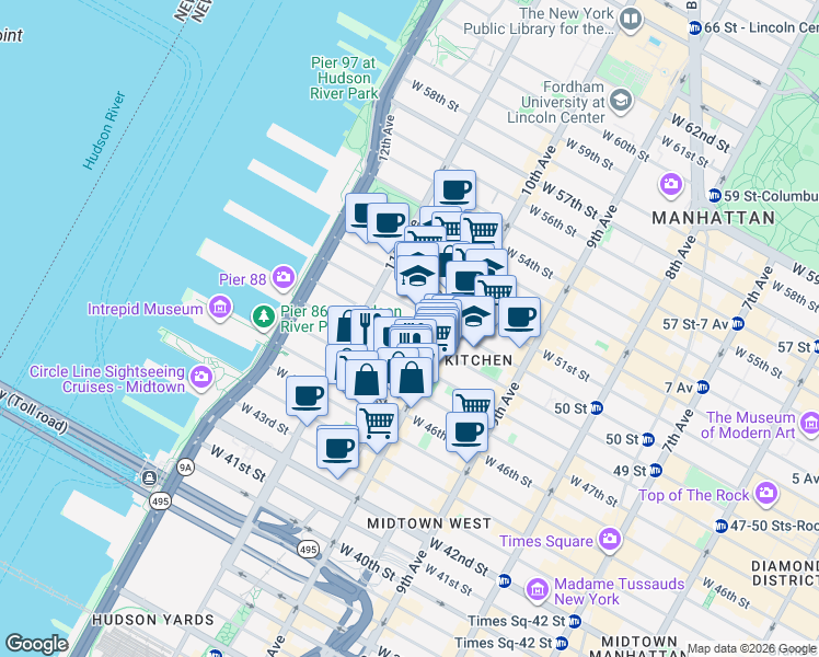 map of restaurants, bars, coffee shops, grocery stores, and more near 523 West 49th Street in New York