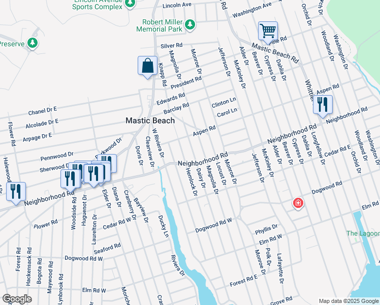 map of restaurants, bars, coffee shops, grocery stores, and more near 138 Daisy Drive in Mastic Beach