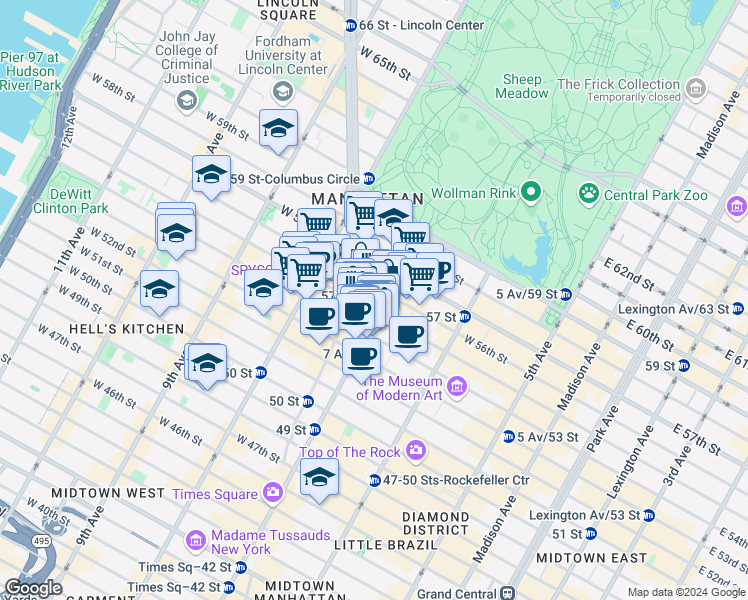 map of restaurants, bars, coffee shops, grocery stores, and more near 200 West 56th Street in New York