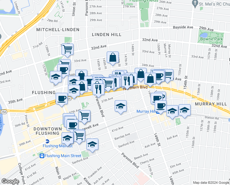 map of restaurants, bars, coffee shops, grocery stores, and more near 144-54 37th Avenue in Queens