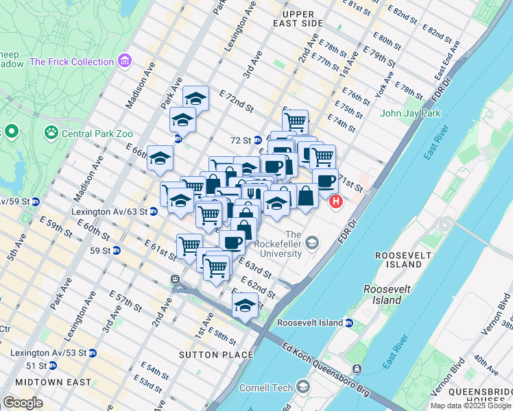 map of restaurants, bars, coffee shops, grocery stores, and more near 1219 1st Avenue in New York