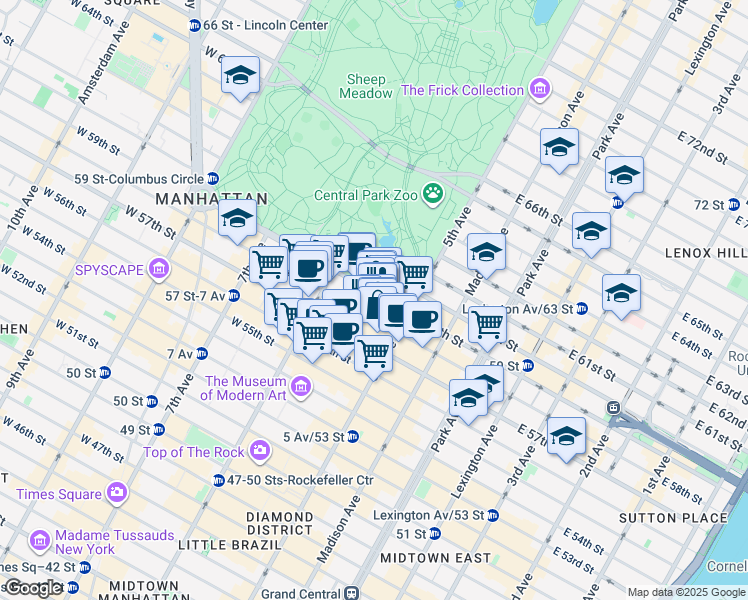 map of restaurants, bars, coffee shops, grocery stores, and more near 1 West 59th Street in New York