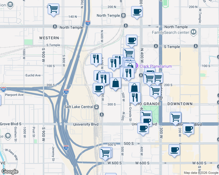 map of restaurants, bars, coffee shops, grocery stores, and more near 549 West 200 South in Salt Lake City