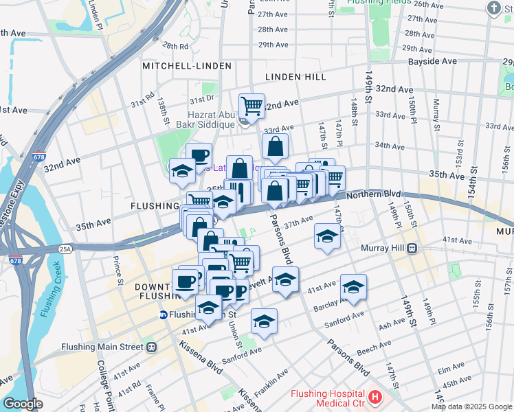 map of restaurants, bars, coffee shops, grocery stores, and more near 141-40 Northern Boulevard in Queens