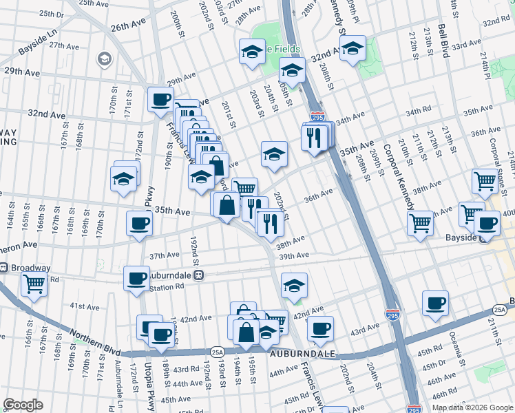 map of restaurants, bars, coffee shops, grocery stores, and more near 4 200th Street in Queens