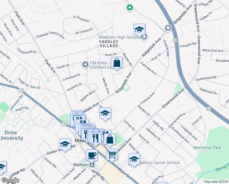 map of restaurants, bars, coffee shops, grocery stores, and more near 78 Ridgedale Avenue in Morristown
