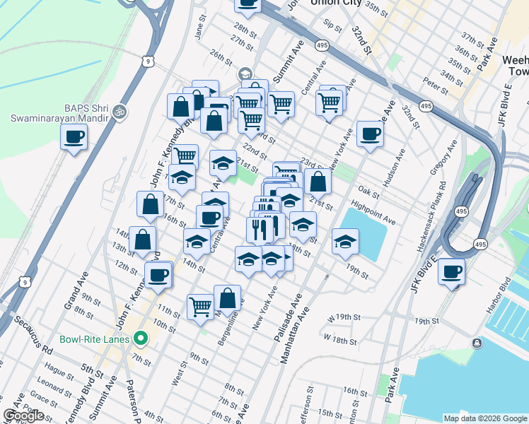 map of restaurants, bars, coffee shops, grocery stores, and more near 522 19th Street in Union City
